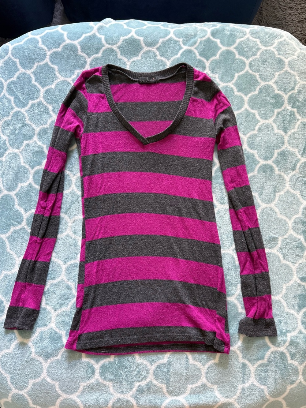 one clothing Women's V-Neck Long Sleeve Striped Tee in Magenta & Charcoal